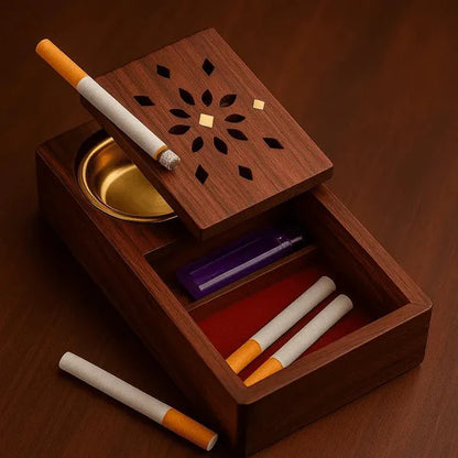 Wooden Ashtray, Ashtray With Ciggrette Box, Creative Ashtray With Brass Work.