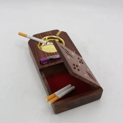 Wooden Ashtray, Ashtray With Ciggrette Box, Creative Ashtray With Brass Work.