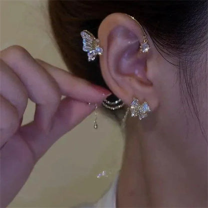 BUTTERFLY FLOWER TASSEL SHINY ZIRCON EARRINGS (1 PAIR)